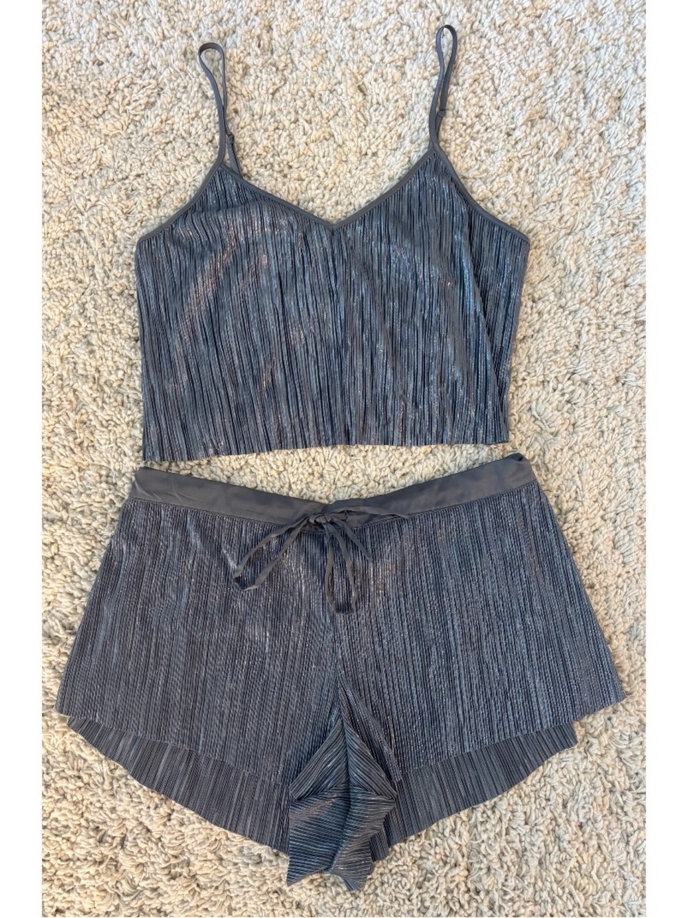 Victoria’s Secret Metallic Silver Pleated Cropped Cami & Shorts Set Large